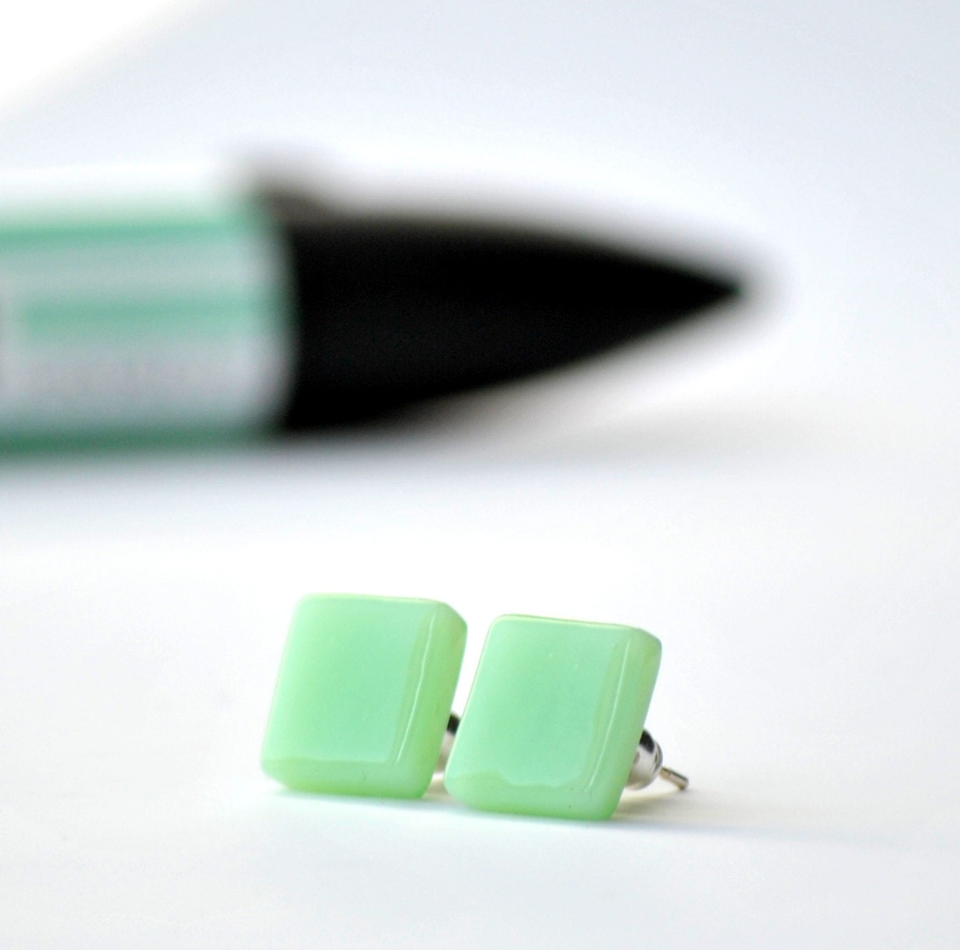 Mint green fused glass post earrings - square - silver plated