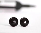 Black ball - silver plated, fused glass stud / post earrings