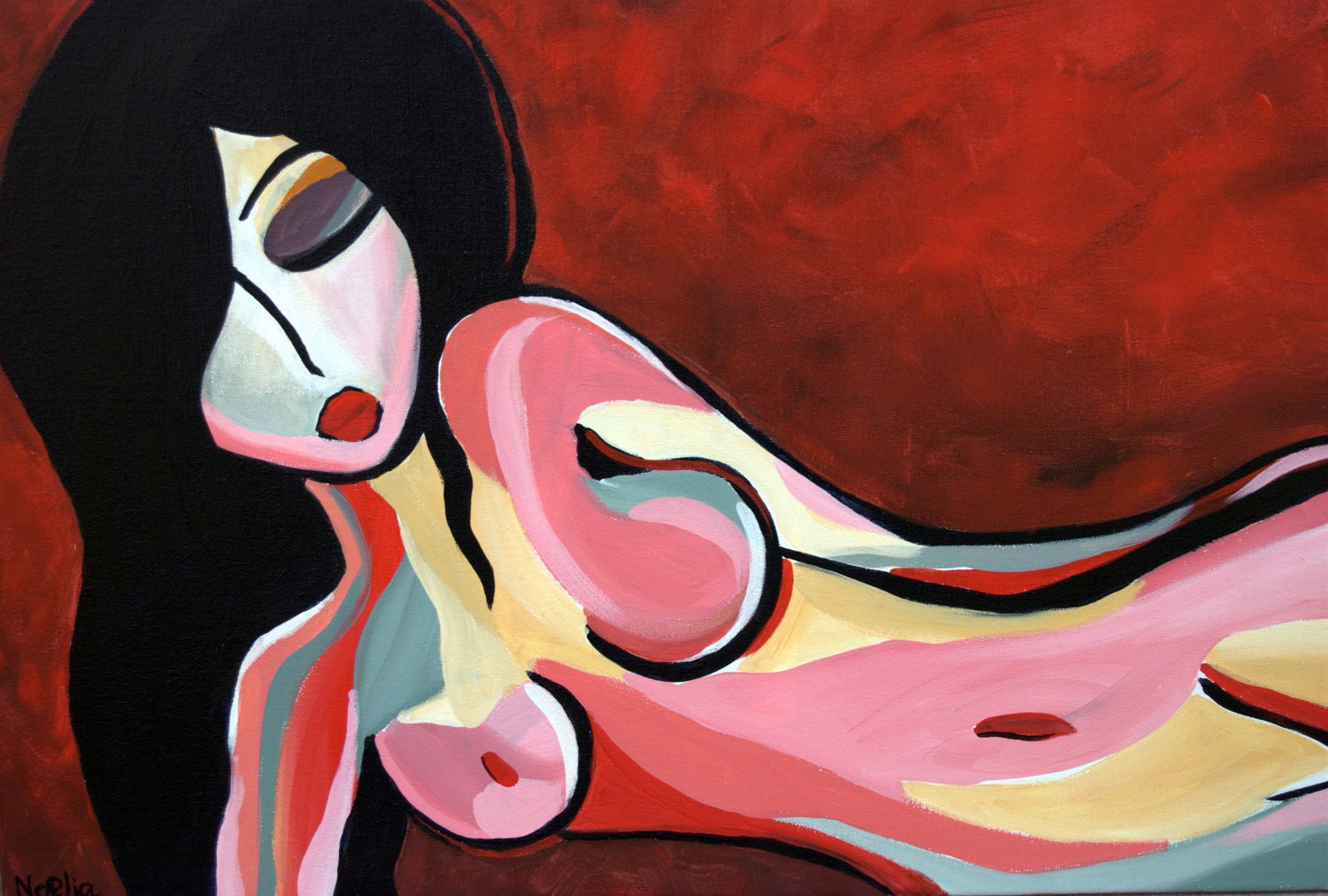 Lucy Lu. Nude Abstract Fauve painting of Girl in pink