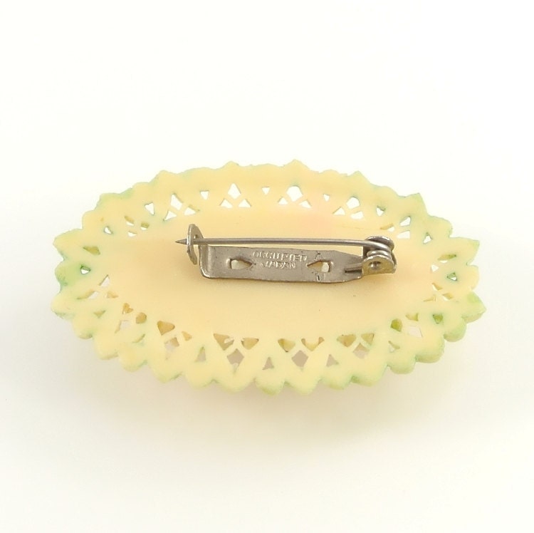 Vintage Flower Brooch, Celluloid Plastic Brooch, Occupied Japan, 1940s Hand Painted Plastic Jewelry, Pastel Pink Green Ivory