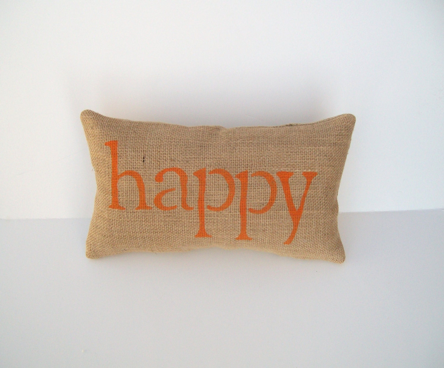 orange pillow, decorative burlap happy pillow, word pillow, home decor, orange nursery, graduation gift, teacher's gift by whimsysweetwhimsy