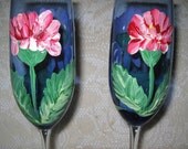 Wine Glasses, Hand Painted Champagne Flutes, Custom Wedding Glasses, Champagne Flutes, Blue Champagne Glasses With Red Mums
