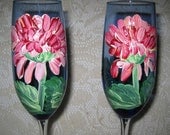 Wine Glasses, Hand Painted Champagne Flutes, Custom Wedding Glasses, Champagne Flutes, Blue Champagne Glasses With Red Mums