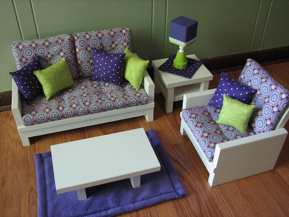 18" Doll Furniture - American Girl sized Living Room - Loveseat / Chair / Coffee & End Table / Lamp / Rug - Purple / Lime Green Medallion