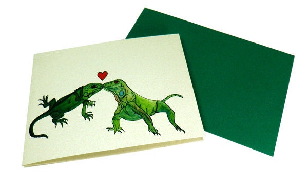 Romantic Iguana Love Card // Iguana Kiss You // reptile romance animal jungle green red white / colorful bright relationship nature humor