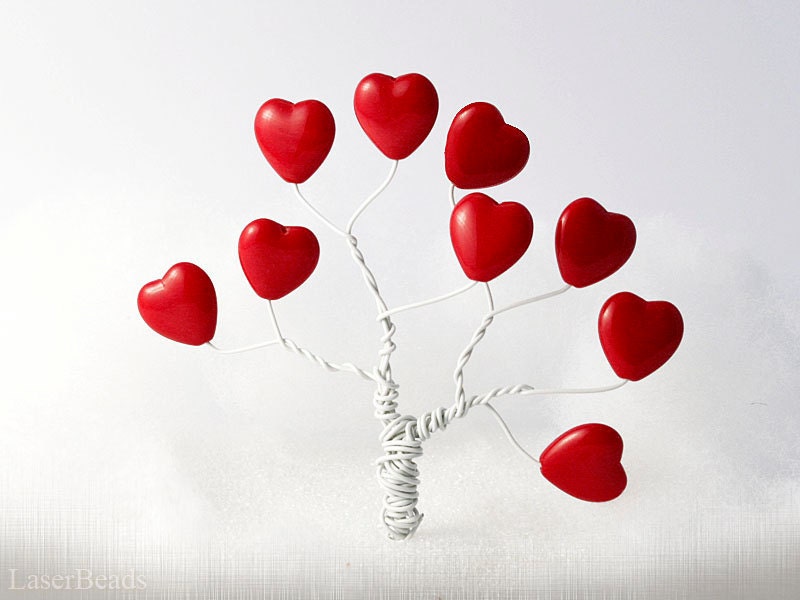 Large Red Heart Beads 15mm (10)  Czech Opaque Glass Pressed Druk Valentine Day Tree - LaserBeads