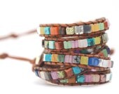 Surprise wrap leather bracelet. Mix of gemstones leather bracelet (one layer). Summer jewelry. WSC1v001 - JustWanderlustShop
