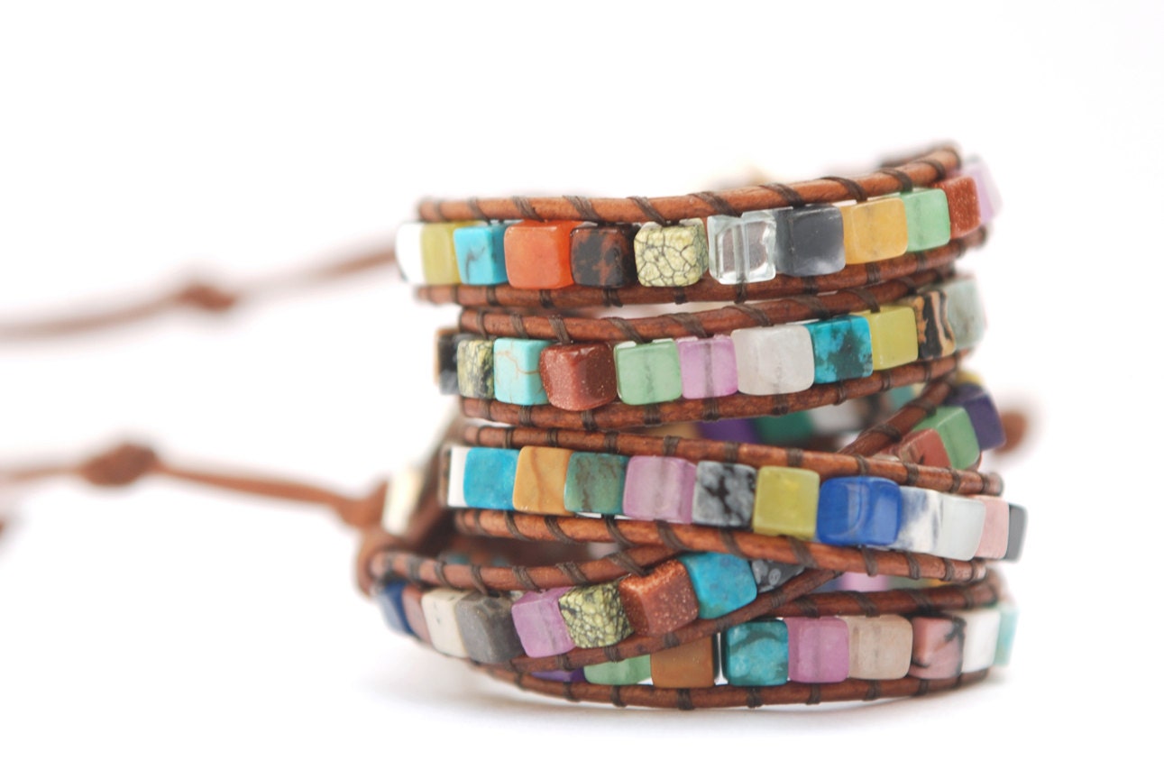 Leather wrap bracelet. Surprise leather bracelet (one layer). Mix of gemstones . Summer jewelry. Autumn colors. WSC1v001