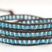 Triple wrap leather bracelet with translucent glass beads with denim blue center. Leather wrap bracelet. Summer jewelry. WGR3v019