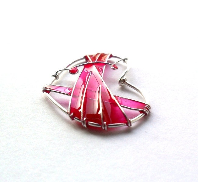 Valentine's necklace, fuschia heart resin pendant, neon pink, stained glass inspired, wire wrapped jewelry