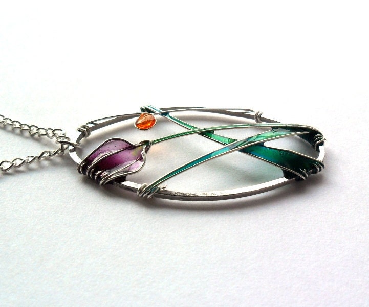 Flower pendant, purple tulip oval pendant, spring necklace, stained glass jewelry - ThePurpleBalloon