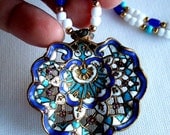 Moorish Metal Enamel Pendant Beaded Necklace, Blue White Openwork Geometric Design