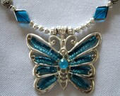 OOAK Handmade Hand Beaded Statement Necklace, Vintage Butterfly Pendant, Blue Glass Beads, Earrings