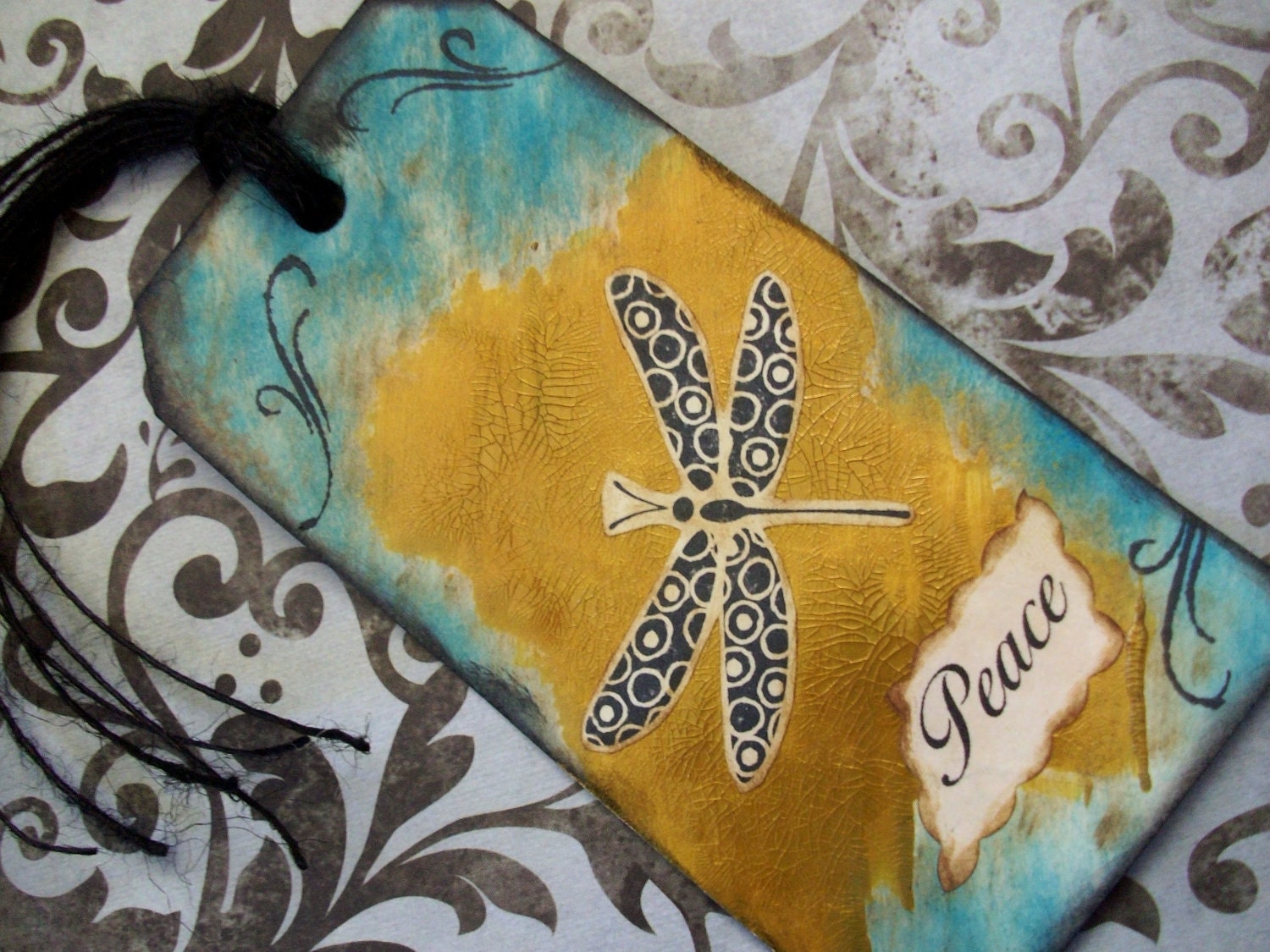 OOAK collage and handstamped original art tag 'PEACE' dragonfly