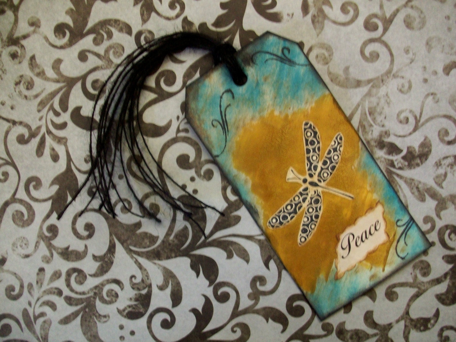 OOAK collage and handstamped original art tag 'PEACE' dragonfly