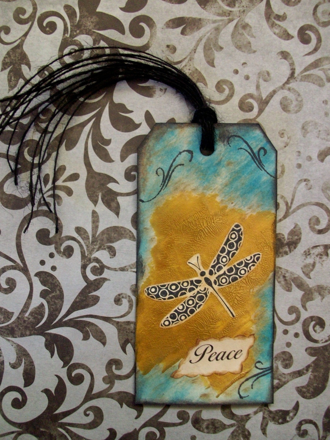 OOAK collage and handstamped original art tag 'PEACE' dragonfly