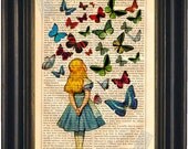 Alice Watching Butterflies Awesome mixed media Print on upcycled Vintage Page Book Art
