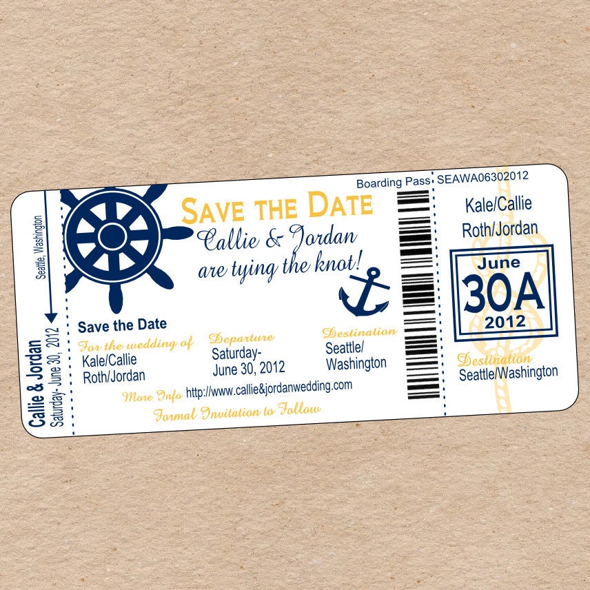 Nautical Boarding Pass Save the Date or Wedding Invitation - DIY Printable