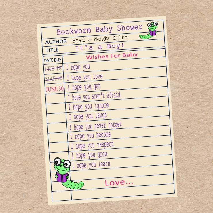 Baby Shower Game & Activity- Wishes for Baby and Children's book game- Bookworm Library Card DIY Printable