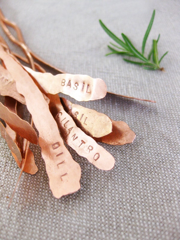 Herb Markers Set of 5 Hammered Textured Recycled Copper Electrical Wire Custom Stamping