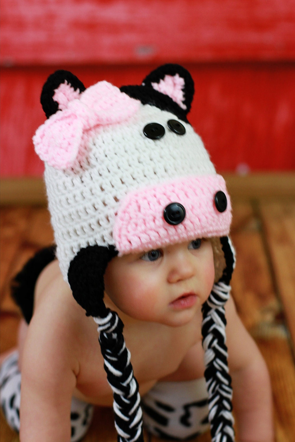 Crochet Cow Hat with bow, black and white, newborn up to adult