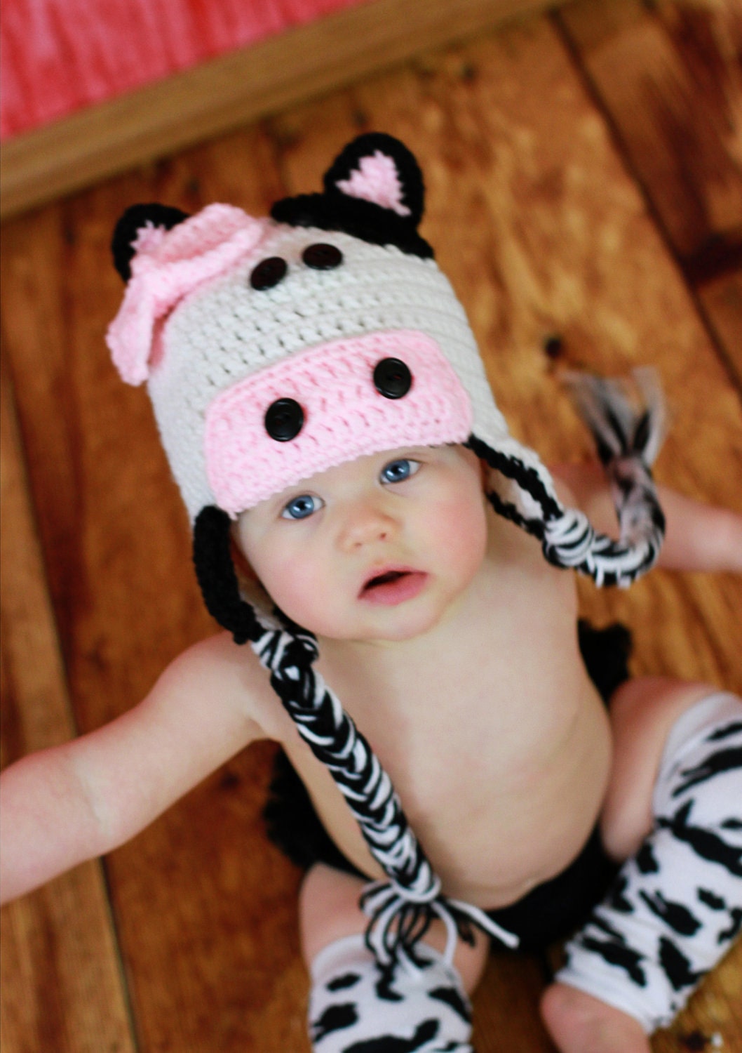 Crochet Cow Hat with bow, black and white, newborn up to adult