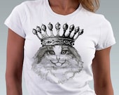 Cat Shirt Queen Crown Kitten Cat Kitty Pet Animal Art Print Women T-Shirt - White or Pink, XS, S, M, L, XL