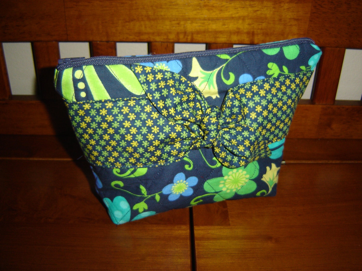 Cosmetic bag make up bag navy blue, turquoise, green with tie front vinyl lined