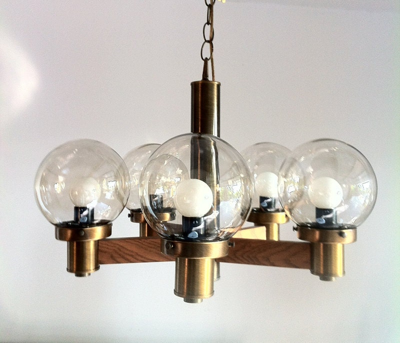 REDUCED: Vintage wood atomic mid century retro bubble globe chandelier