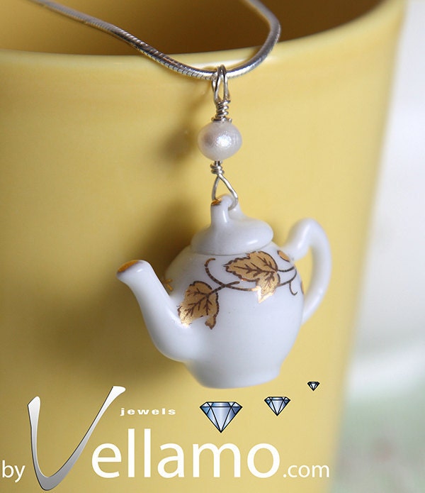 Delicate sterling silver teapot / coffee pot pendant, porcelain, fashion pendant and necklace