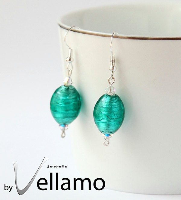 Earrings with blue Murano glass with silver foil and tiny Swarovski crystals