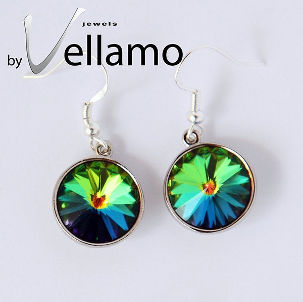 Sterling silver earrings with Swarovski crystals, large, 14mm, choose your color, Vitrail rainbow color, purple haze
