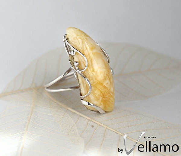 Modern sterling silver adjustable ring with large OOAK white - yellow natural Baltic amber, OOAK ring