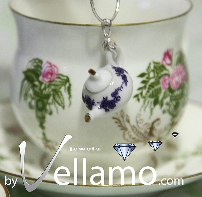 Delicate sterling silver teapot / coffee pot pendant, porcelain, fashion pendant and necklace
