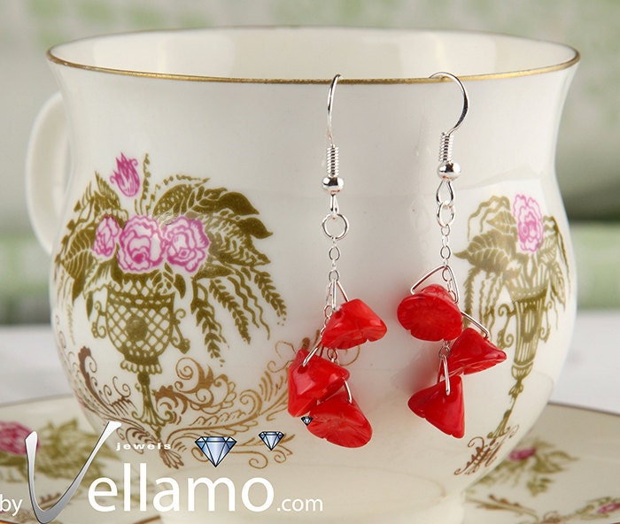Ear-rings with delicate small red sponge coral flowers
