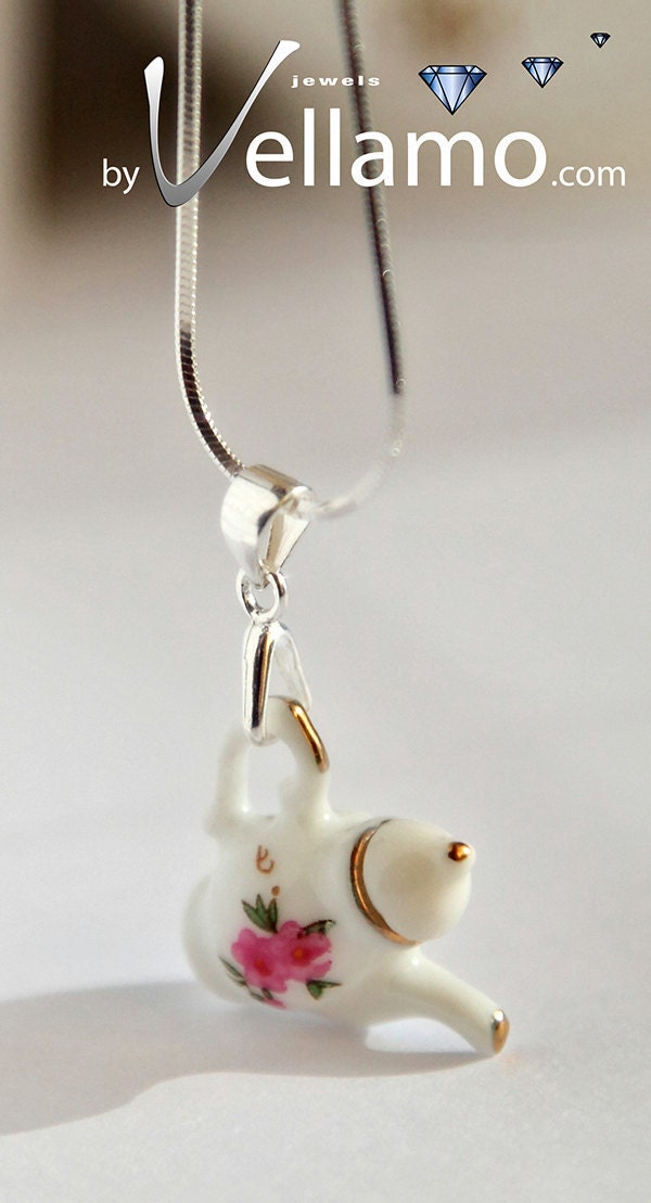 Delicate sterling silver teapot, pink and white with flowers and gold rim pendant, porcelain, fashion pendant and necklace