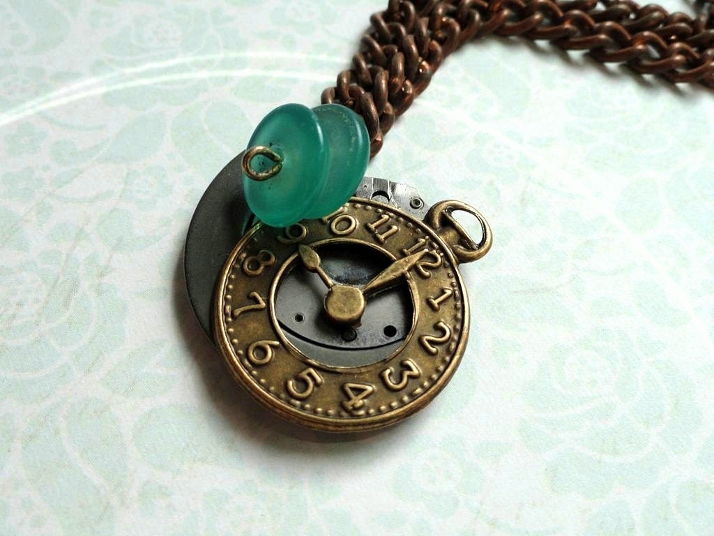 Alice in Wonderland Jewelry - Watch parts with teal beads - Steampunk Jewelry - Steampunk Necklace - Green and Brown