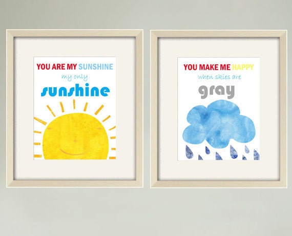You Are My Sunshine print, Childrens Art Print Poster,Children Wall Art, baby nursery decor,Nursery Art Print, Quote print ,Set of 2 8 x10