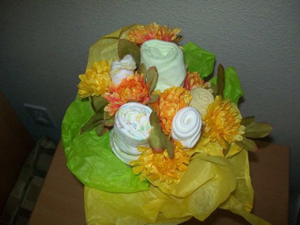 Beautiful Baby Yellow and Orange Boy or Girl Gift Bouquet with Onesies, Socks, Washcloth, and Bib