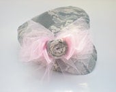 Camouflage Infant Hat with Pink Satin Ribbon and Tulle- ABU Camo
