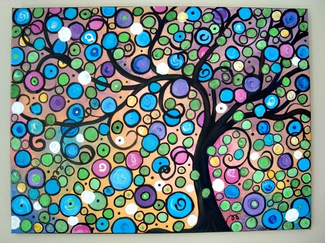 Abstract Tree of Life Painting Springtime Dots Circles Jewel Tone Landscape Original Acrylic Canvas 18" x 24"