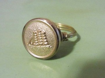 Military button wire wrapped ring w/ tall ship Size 6.5 or 9