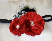 Black and White Rosette and Ruffled Red Silk Flowers with feathers, netting and Rhinestone Accent on Black Elastic Headband- Baby Headband