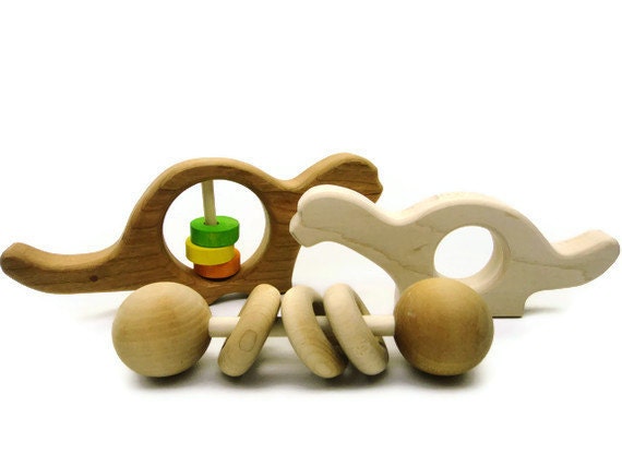 Baby Gift Set with Wooden Rattles and Teether- organic - safe - for eco friendly baby, toddlers, newborns