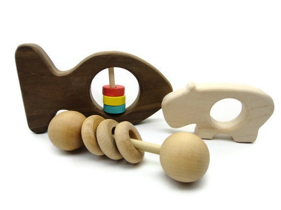 Baby Gift Set with Wooden Rattles and Teether - organic - safe - for eco friendly babies, toddlers, newborns