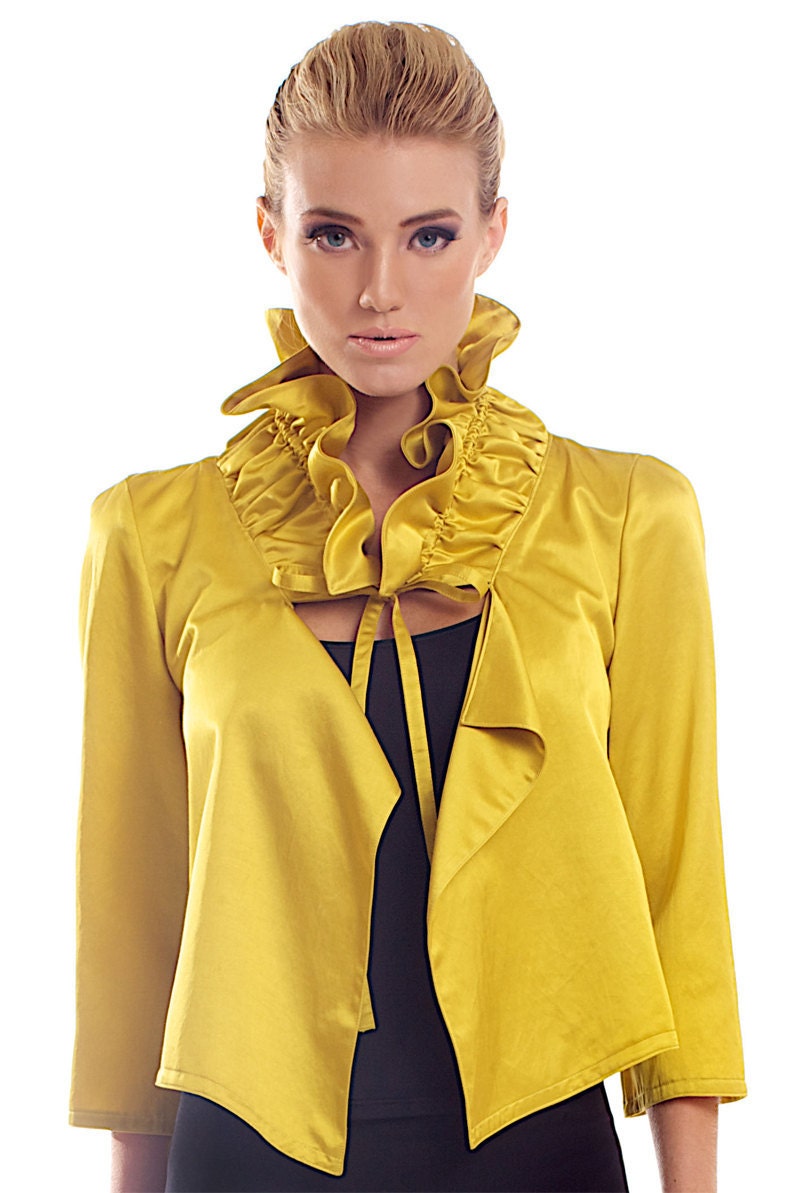 Cotton-viscose blend ruffle mustard yellow jacket