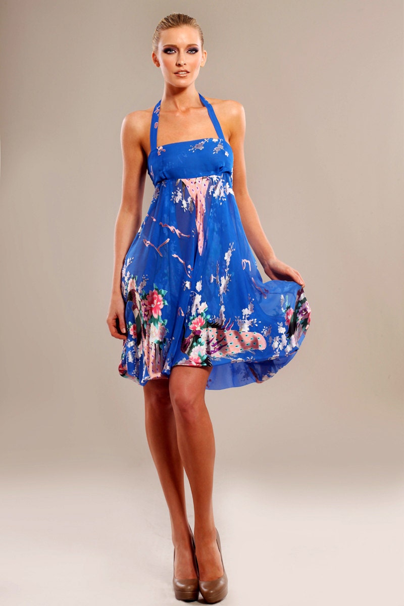 Silk-chiffon halter dress with unique embroidery print
