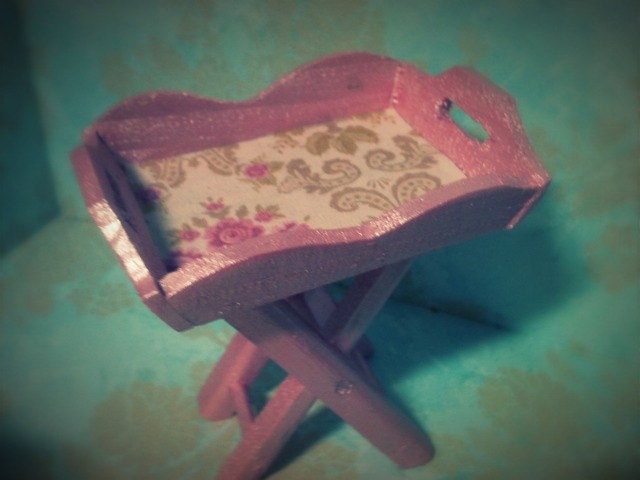 Miniature Shabby Chic Wooden Serving Tray and Foldable Stand, Pearl Pink