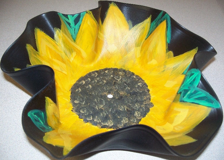Sun Flower Hand Painted Upcycled Record Bowl