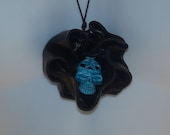Record  Rose Sculpted Recycled Record & Painted Tibetan Skull Necklace- Turquoise Blue